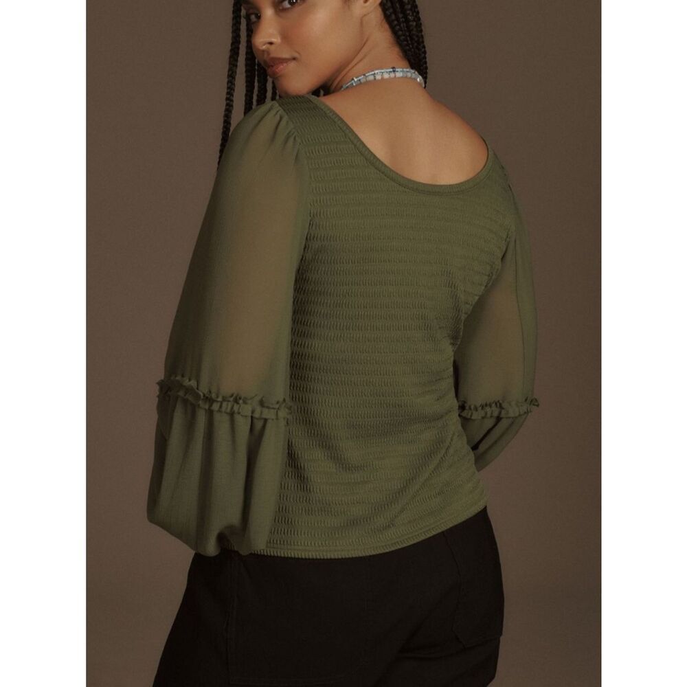 Anthropologie Olive Green Balloon-Sleeve Smocked Top - Picture 7 of 7